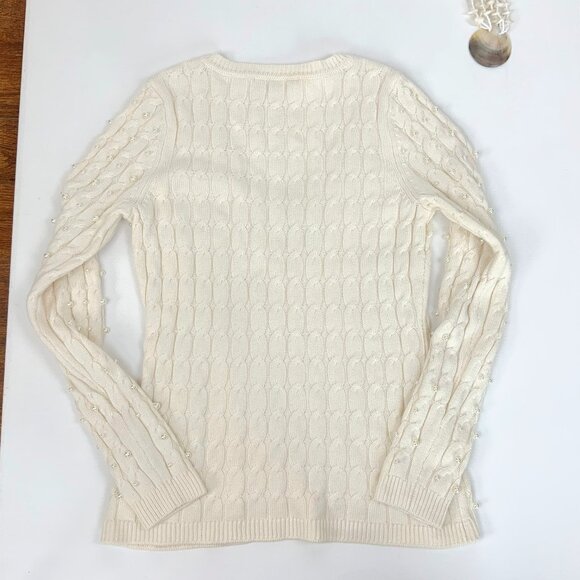 Boston Proper Sweater White/Cream V Neck Cable Knit Pearl Embellished Size M - Picture 11 of 16